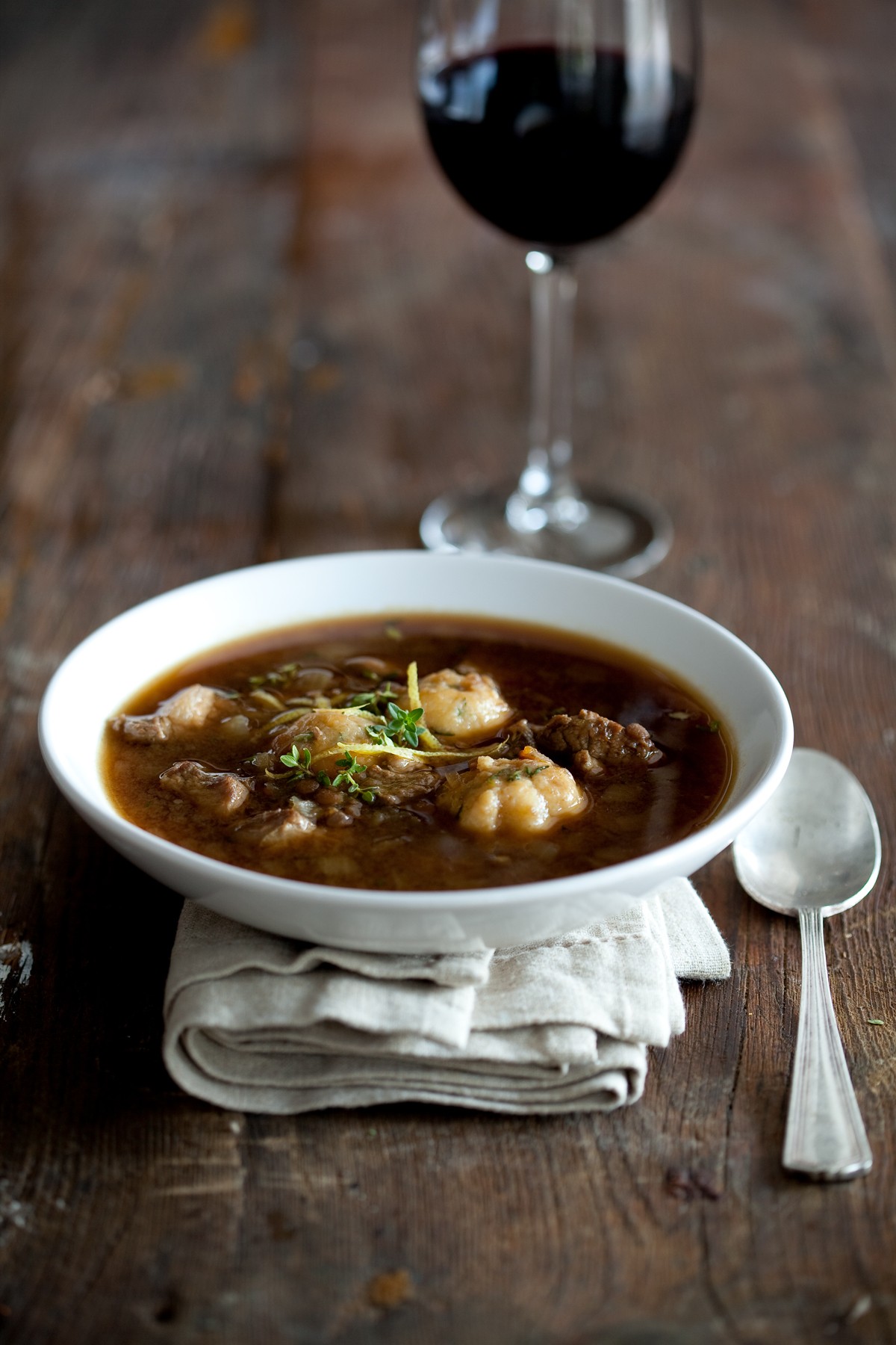 BEEF & LENTIL BROTH WITH LEMON & THYME DUMPLINGS NOMU